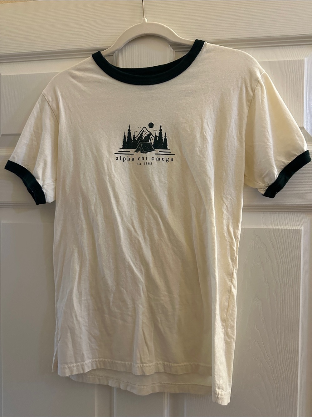 Alpha Chi Omega Cream Ringer Tee with Dark Green Trim